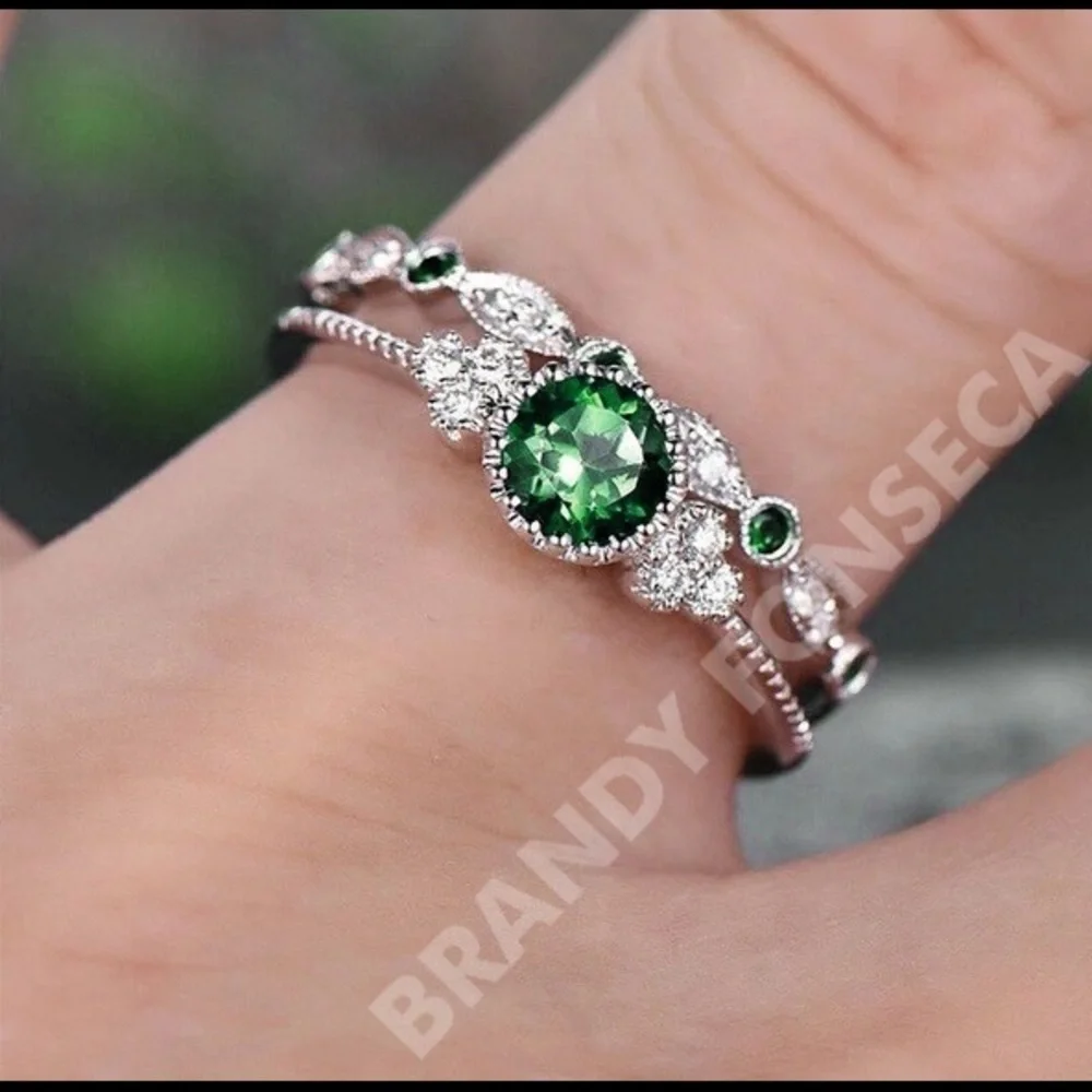 Emerald Green Stone Ring Set Silver